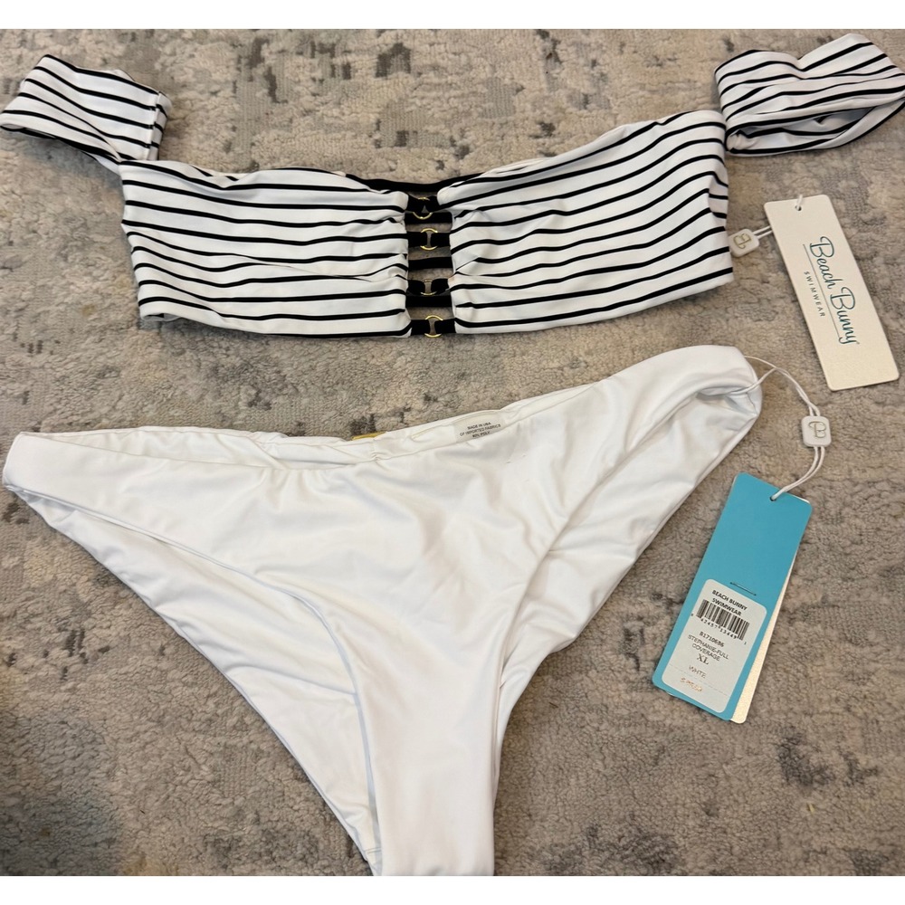 Beach Bunny Stephanie Bikini Set XL White Striped Off Shoulder Gold Hardware NEW